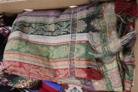 Three Paisley shawls, a women silk stole, kelim etc